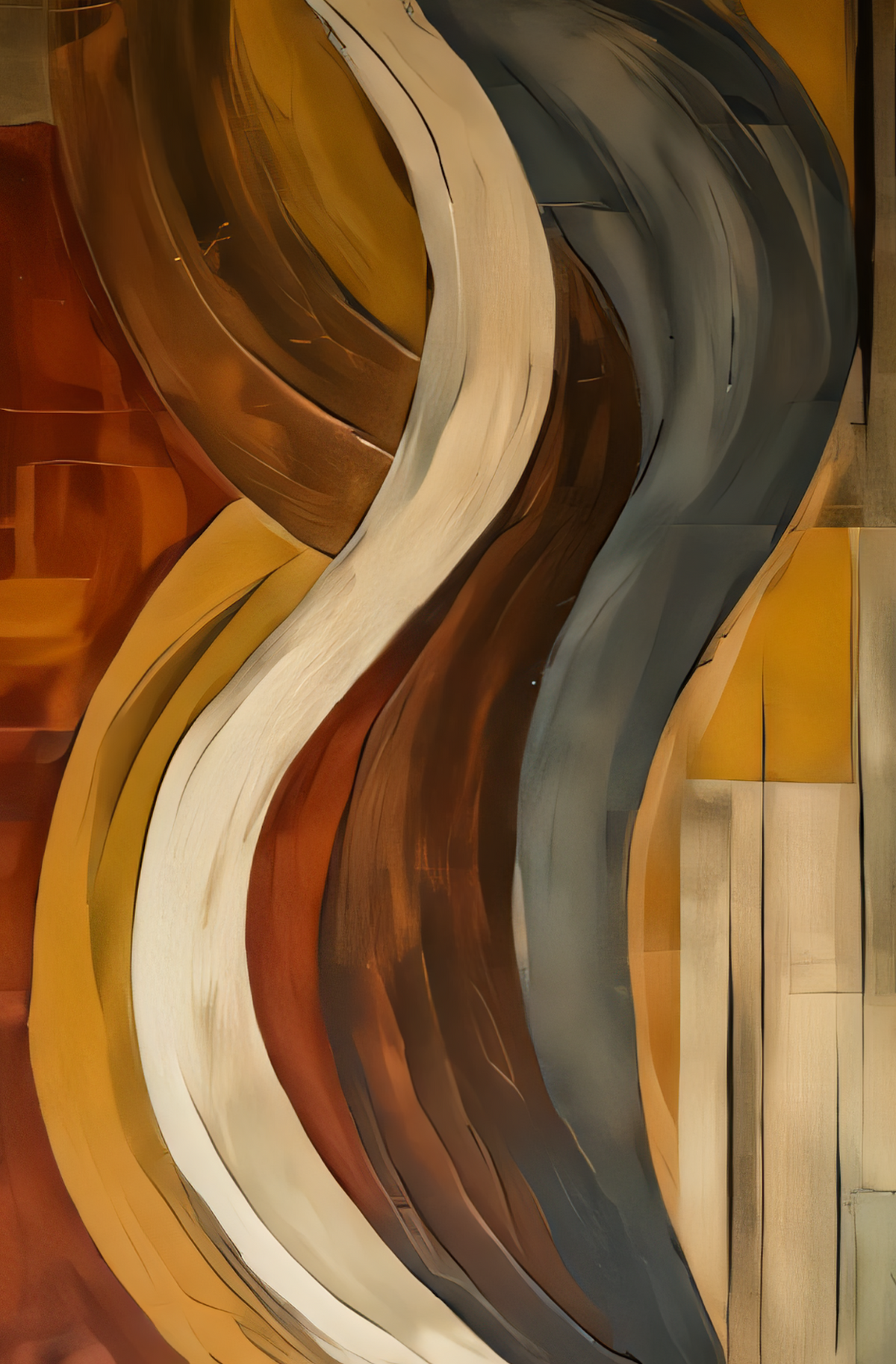 Modern Ochre & Slate Curved Ribbons Canvas Print - Abstract Earth Tone Waves Wall Art