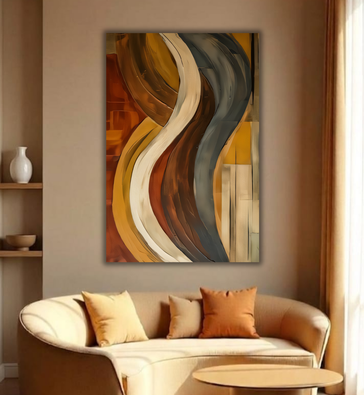 Modern Ochre & Slate Curved Ribbons Canvas Print - Abstract Earth Tone Waves Wall Art