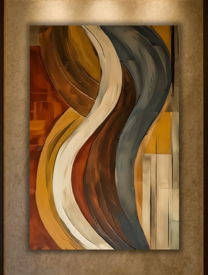 Modern Ochre & Slate Curved Ribbons Canvas Print - Abstract Earth Tone Waves Wall Art