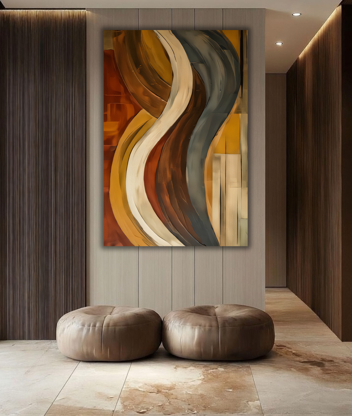 Modern Ochre & Slate Curved Ribbons Canvas Print - Abstract Earth Tone Waves Wall Art