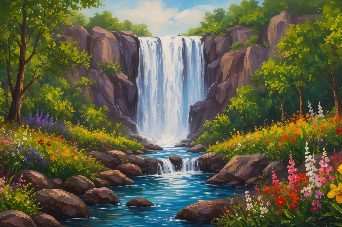 Panoramic Forest Waterfall Canvas Print - Wide Wildflower River Sanctuary Wall Art