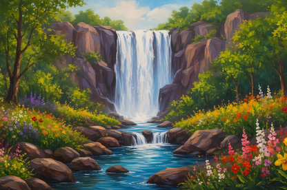 Panoramic Forest Waterfall Canvas Print - Wide Wildflower River Sanctuary Wall Art