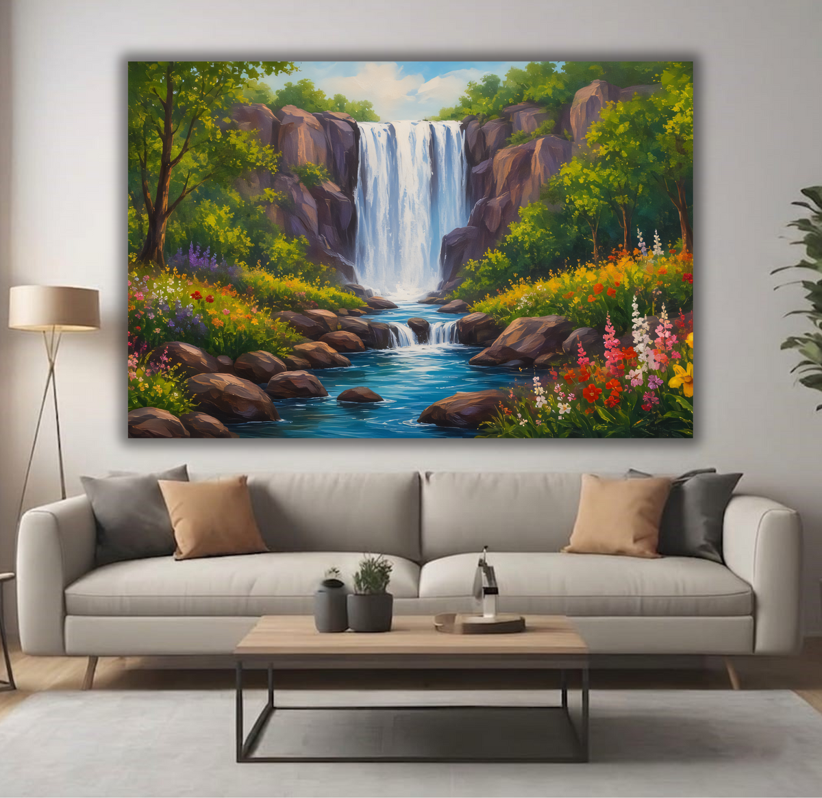 Panoramic Forest Waterfall Canvas Print - Wide Wildflower River Sanctuary Wall Art