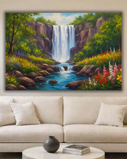 Panoramic Forest Waterfall Canvas Print - Wide Wildflower River Sanctuary Wall Art