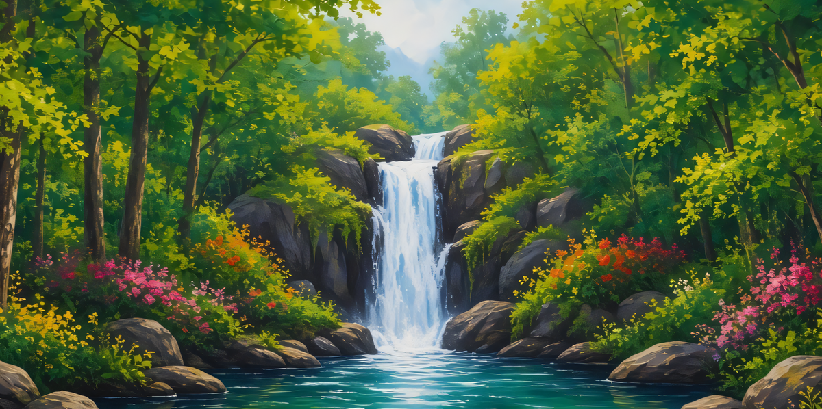 Panoramic Forest Waterfall Canvas Print - Wide Woodland Stream & Blooming Wildflowers Wall Art