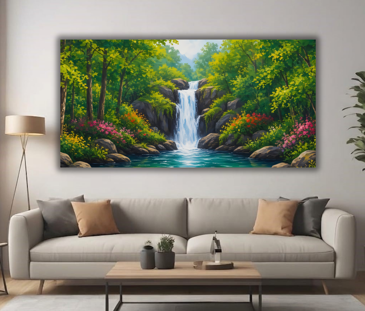 Panoramic Forest Waterfall Canvas Print - Wide Woodland Stream & Blooming Wildflowers Wall Art
