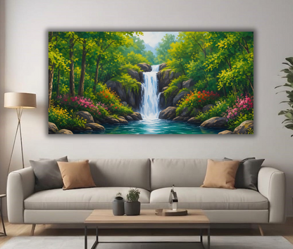 Panoramic Forest Waterfall Canvas Print - Wide Woodland Stream & Blooming Wildflowers Wall Art