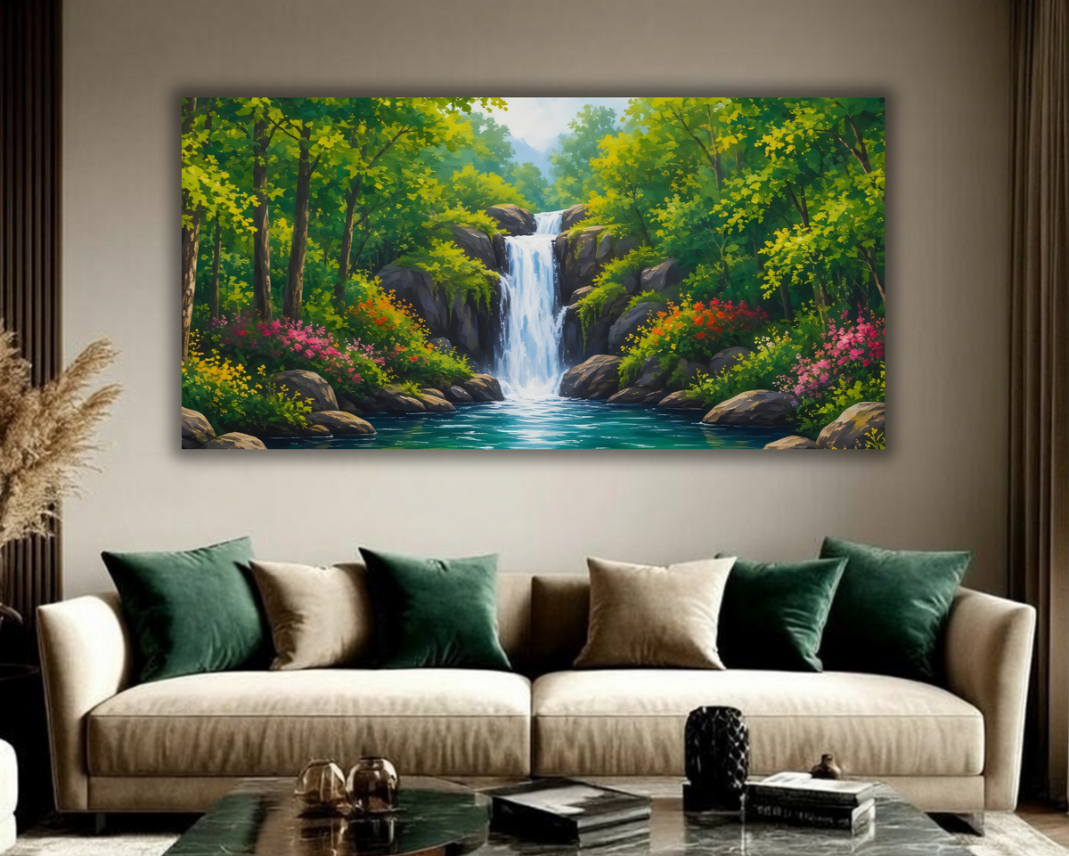Panoramic Forest Waterfall Canvas Print - Wide Woodland Stream & Blooming Wildflowers Wall Art
