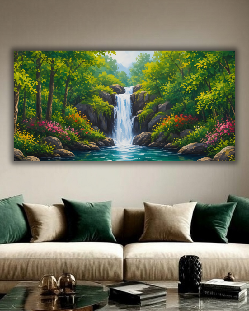 Panoramic Forest Waterfall Canvas Print - Wide Woodland Stream & Blooming Wildflowers Wall Art