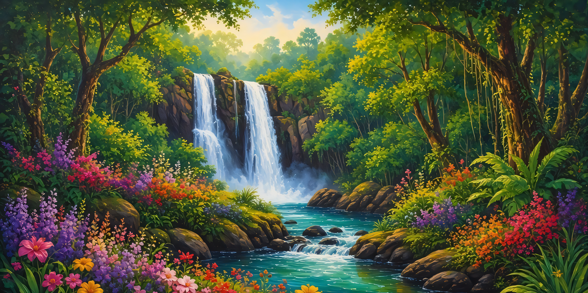 Panoramic Jungle Waterfall Canvas Print - Lush Tropical River & Wildflower Haven Wall Art