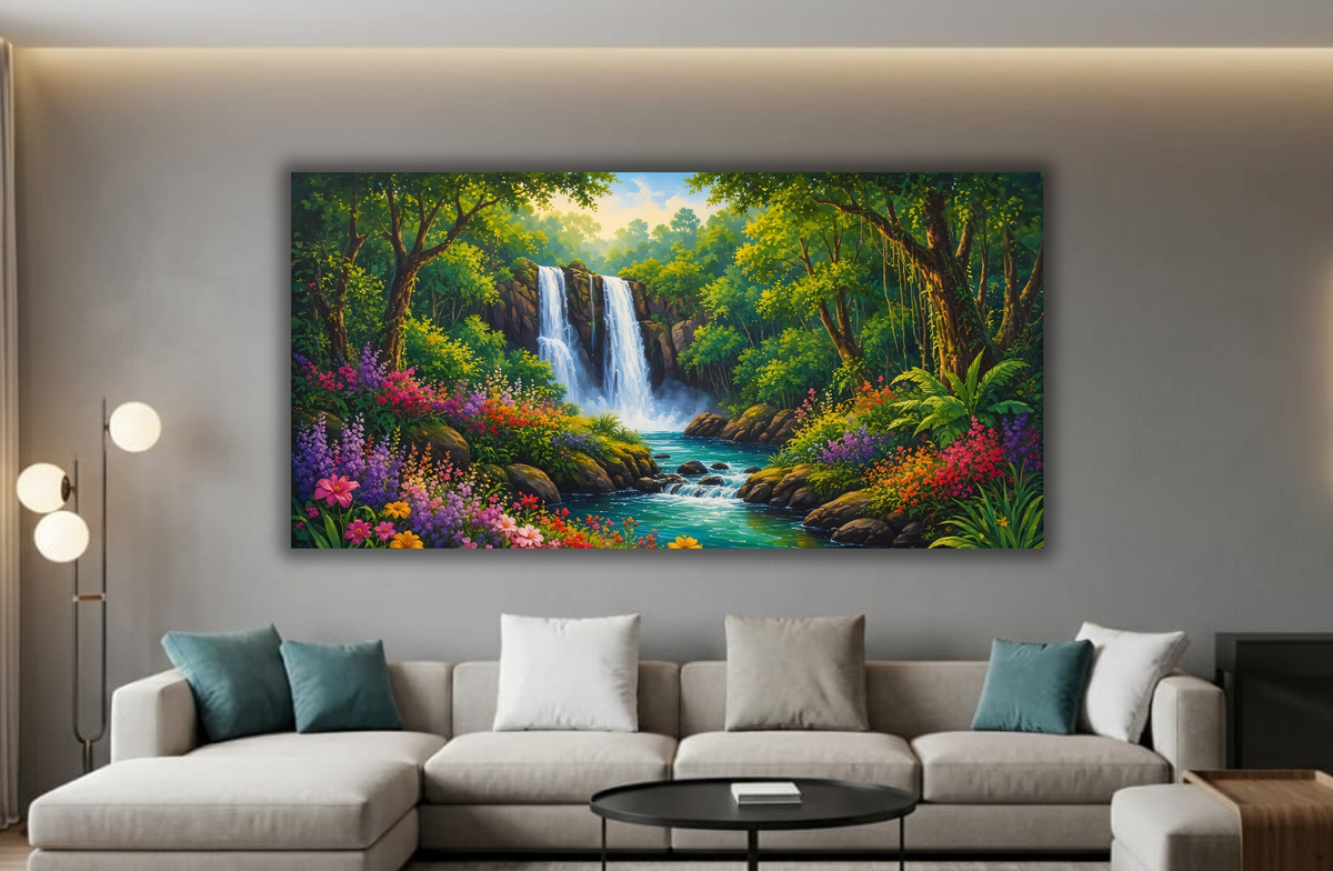 Panoramic Jungle Waterfall Canvas Print - Lush Tropical River & Wildflower Haven Wall Art
