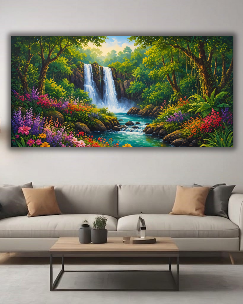 Panoramic Jungle Waterfall Canvas Print - Lush Tropical River & Wildflower Haven Wall Art