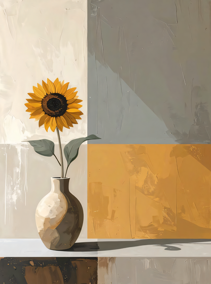 Modern Sunflower in Ceramic Vase Canvas Print - Color-Blocked Abstract Still Life Wall Art