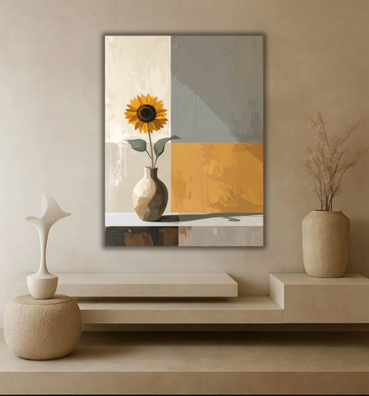 Modern Sunflower in Ceramic Vase Canvas Print - Color-Blocked Abstract Still Life Wall Art