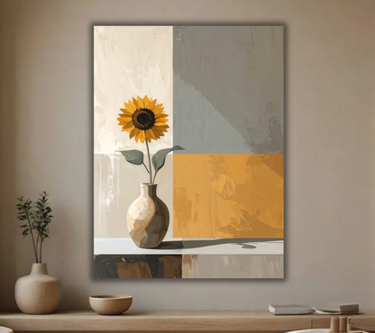Modern Sunflower in Ceramic Vase Canvas Print - Color-Blocked Abstract Still Life Wall Art