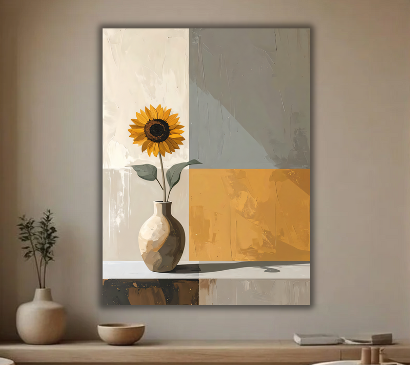 Modern Sunflower in Ceramic Vase Canvas Print - Color-Blocked Abstract Still Life Wall Art