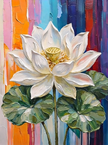 Blooming Sacred White Lotus Canvas Print - Heavy Impasto Textured Floral Wall Art