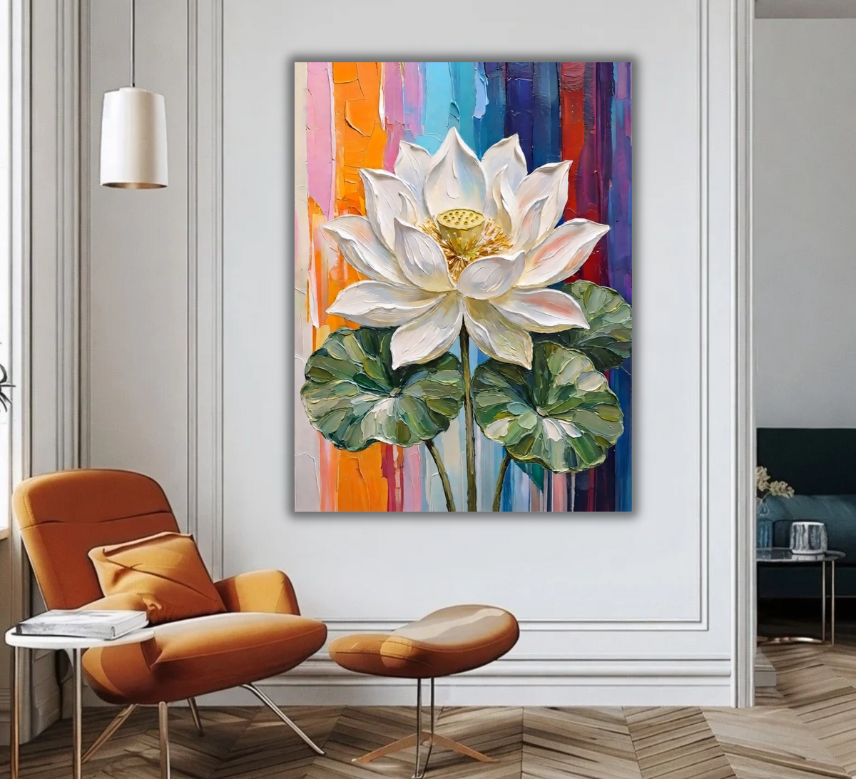 Blooming Sacred White Lotus Canvas Print - Heavy Impasto Textured Floral Wall Art