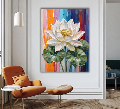 Blooming Sacred White Lotus Canvas Print - Heavy Impasto Textured Floral Wall Art