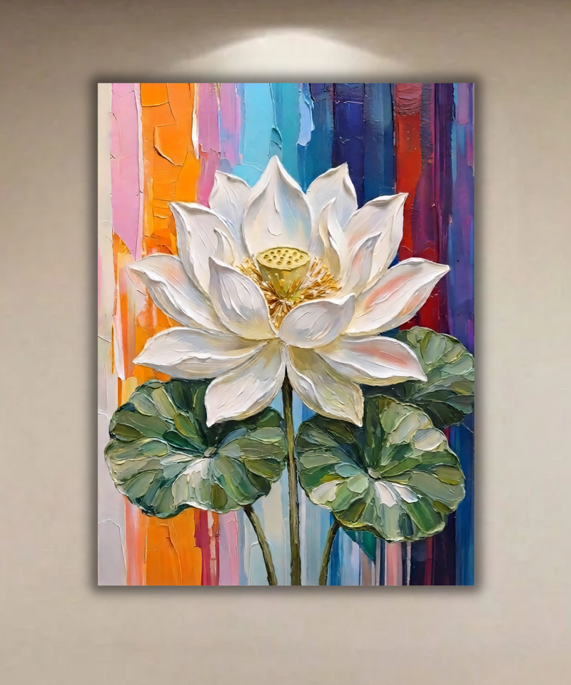Blooming Sacred White Lotus Canvas Print - Heavy Impasto Textured Floral Wall Art