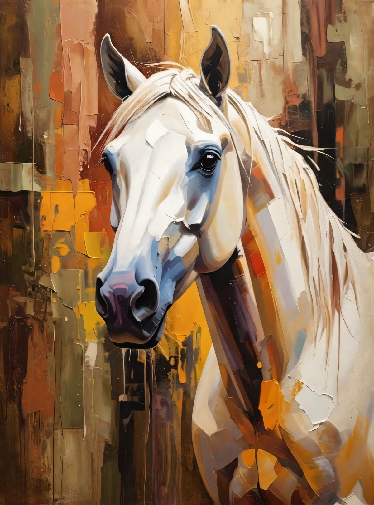 Majestic White Horse Portrait Canvas Print - Textured Impasto Equestrian Wall Art