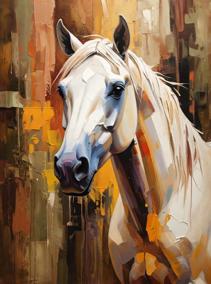 Majestic White Horse Portrait Canvas Print - Textured Impasto Equestrian Wall Art