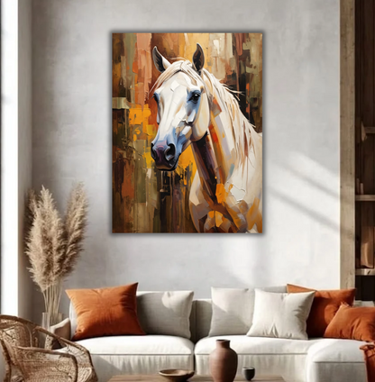 Majestic White Horse Portrait Canvas Print - Textured Impasto Equestrian Wall Art