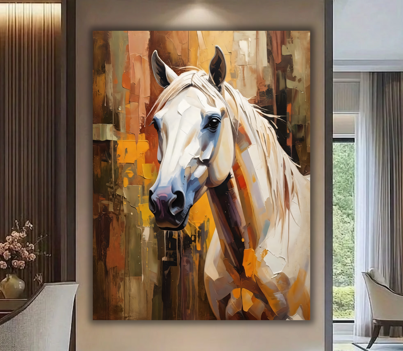 Majestic White Horse Portrait Canvas Print - Textured Impasto Equestrian Wall Art