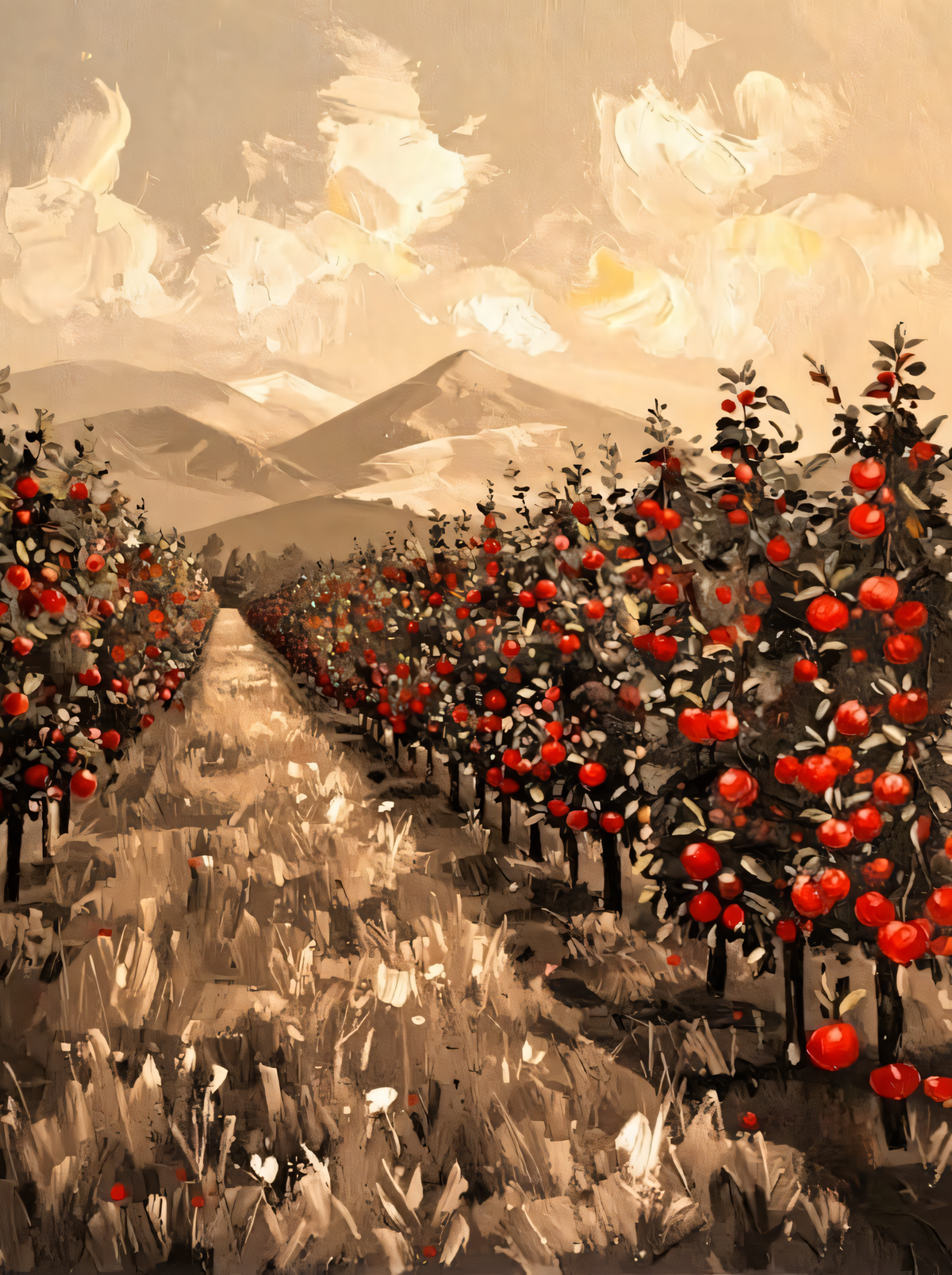 Sepia Mountain Orchard Canvas Print - Ruby Red Apple Grove Impasto Wall Art