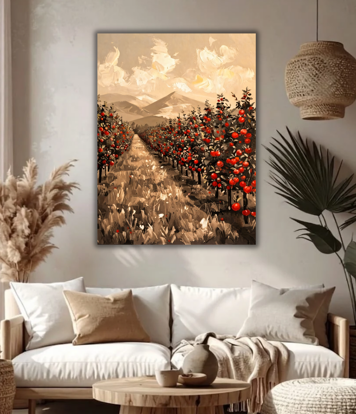 Sepia Mountain Orchard Canvas Print - Ruby Red Apple Grove Impasto Wall Art