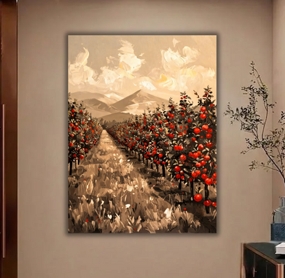 Sepia Mountain Orchard Canvas Print - Ruby Red Apple Grove Impasto Wall Art