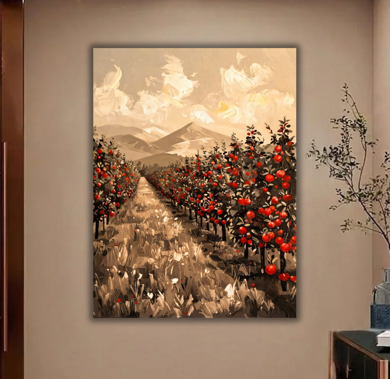 Sepia Mountain Orchard Canvas Print - Ruby Red Apple Grove Impasto Wall Art