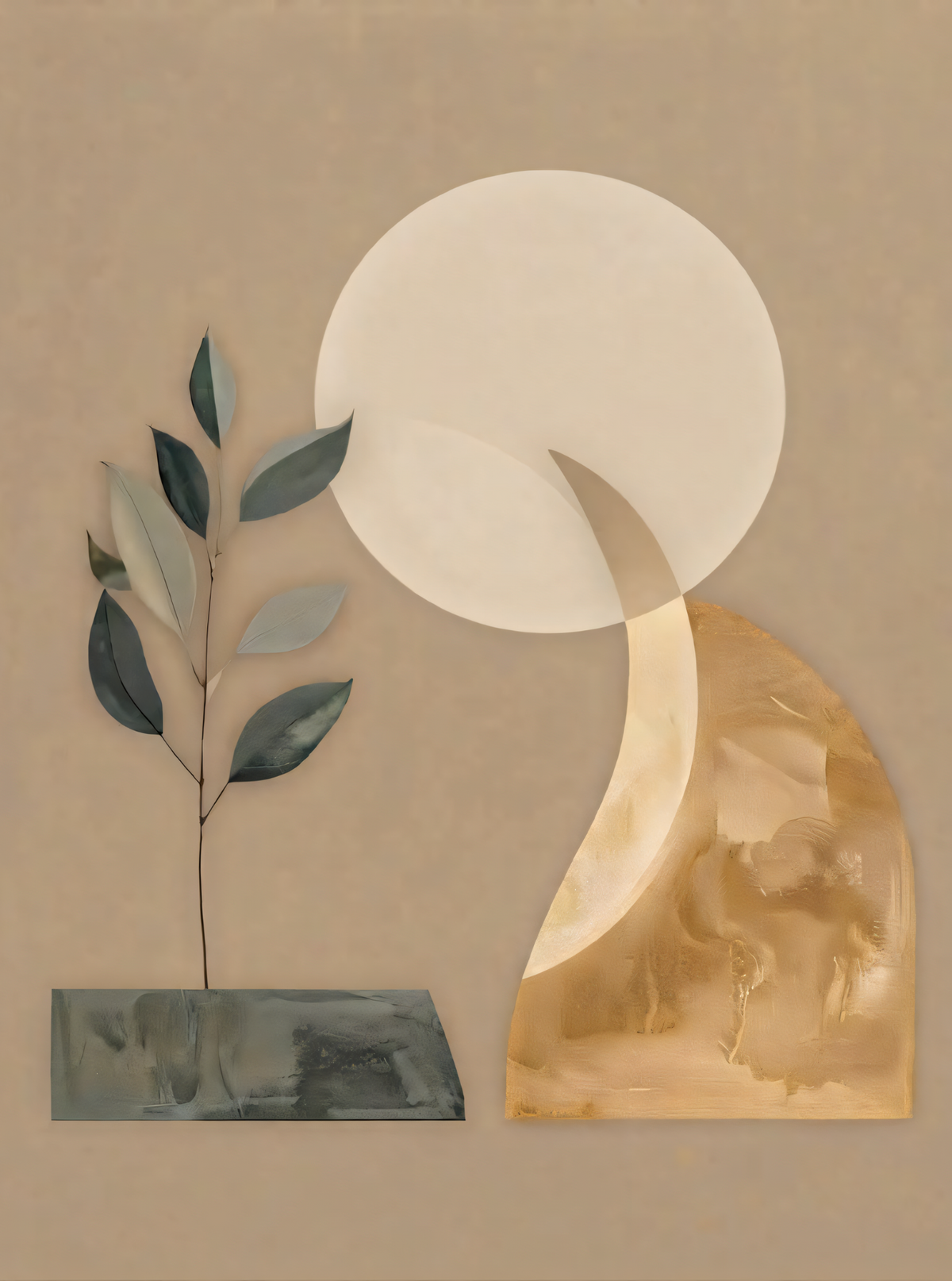 Modern Celestial Moon & Botanical Leaves Canvas Print - Gilded Ochre Minimalist Wall Art