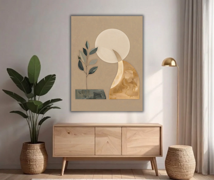 Modern Celestial Moon & Botanical Leaves Canvas Print - Gilded Ochre Minimalist Wall Art