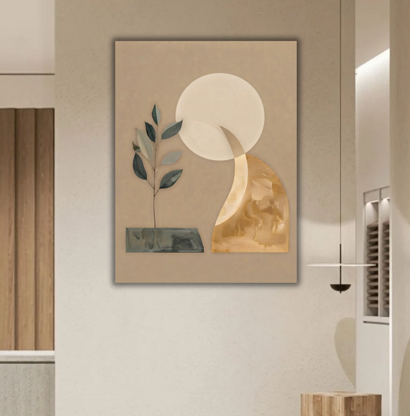 Modern Celestial Moon & Botanical Leaves Canvas Print - Gilded Ochre Minimalist Wall Art