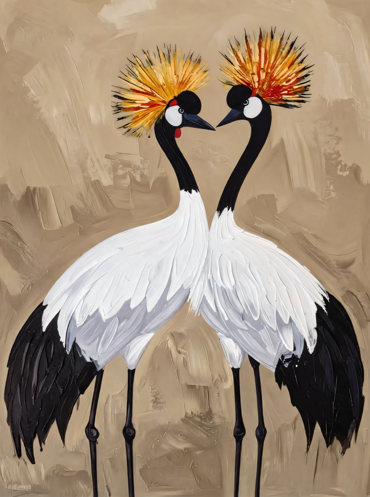 Pair of Crowned Cranes Canvas Print - Textured Impasto Birds Wall Art