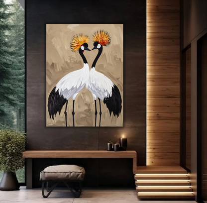Pair of Crowned Cranes Canvas Print - Textured Impasto Birds Wall Art