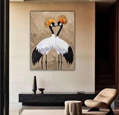Pair of Crowned Cranes Canvas Print - Textured Impasto Birds Wall Art