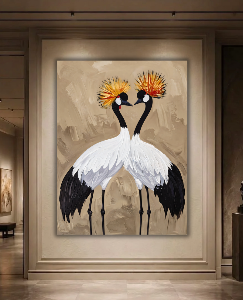 Pair of Crowned Cranes Canvas Print - Textured Impasto Birds Wall Art
