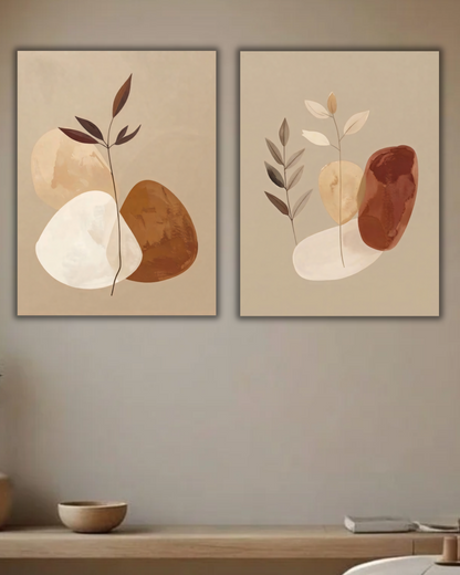 Earth Tone Abstract Botanical Canvas Print Set - 2 Piece Terracotta & Cream Wall Art