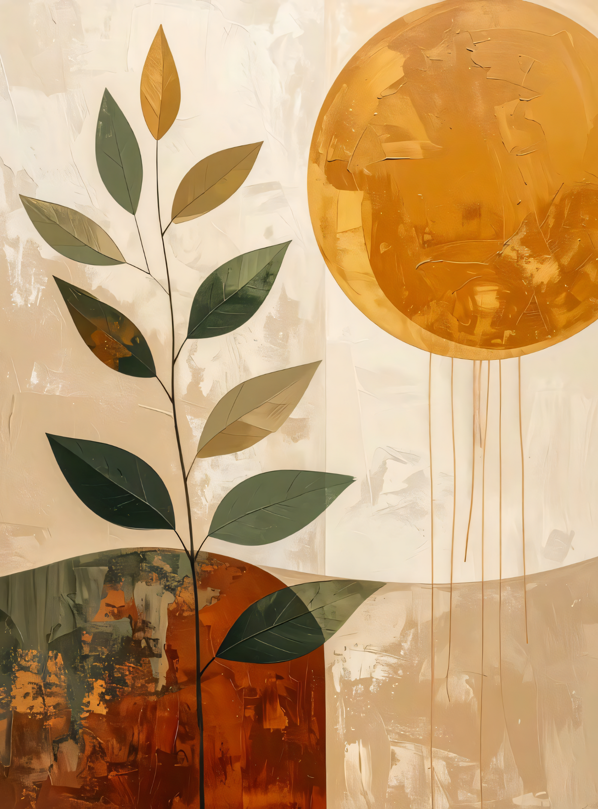 Abstract Sun & Botanical Leaf Canvas Print Set - 2 Piece Ochre, Terracotta & Sage Wall Art