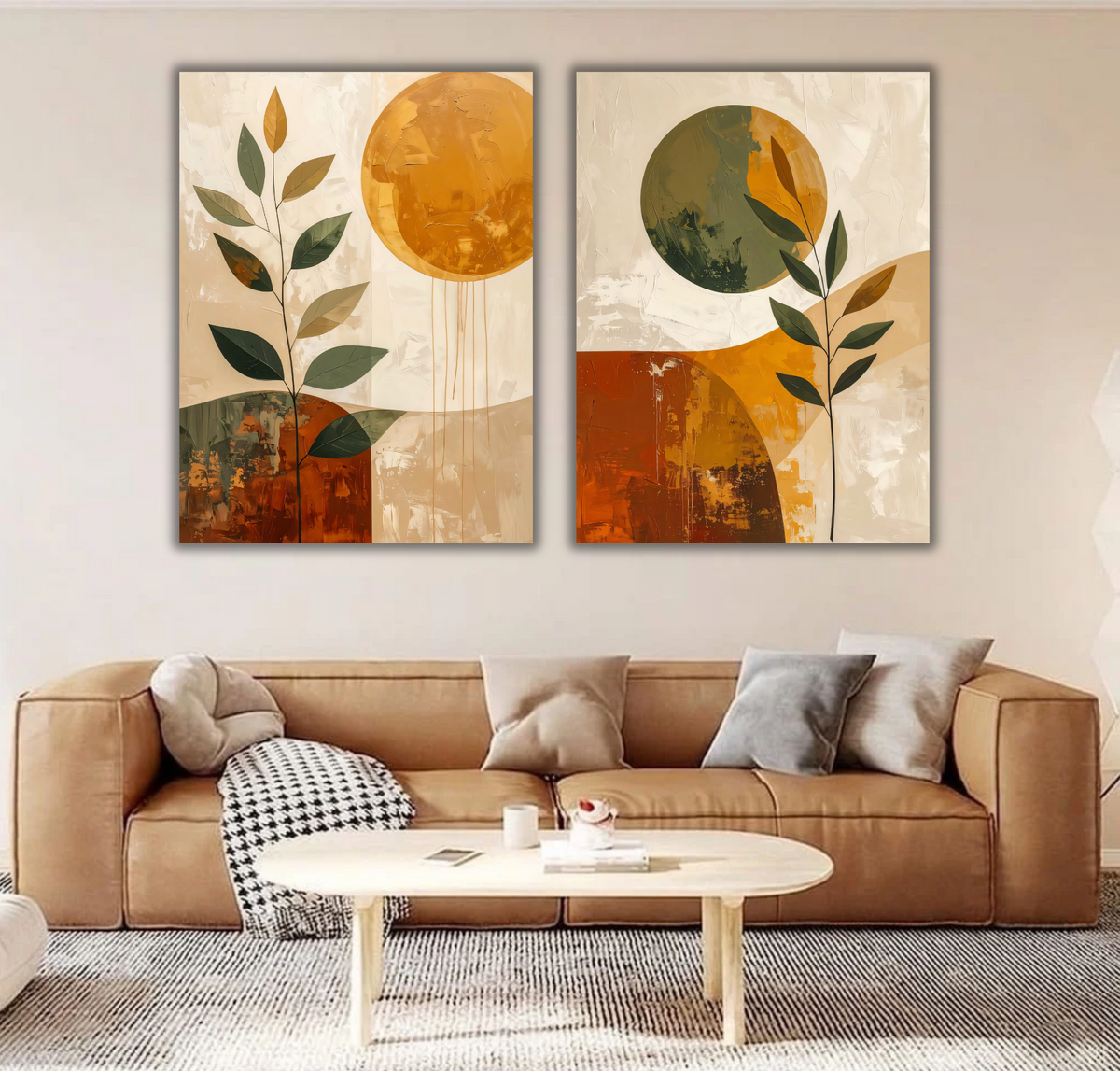 Abstract Sun & Botanical Leaf Canvas Print Set - 2 Piece Ochre, Terracotta & Sage Wall Art