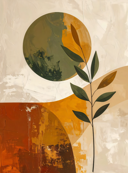 Abstract Sun & Botanical Leaf Canvas Print Set - 2 Piece Ochre, Terracotta & Sage Wall Art