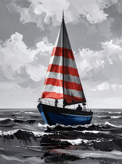 Nautical Sailboat Canvas Print - Red & White Striped Sail Ocean Wall Art, Red & Blue Accent Seascape Painting