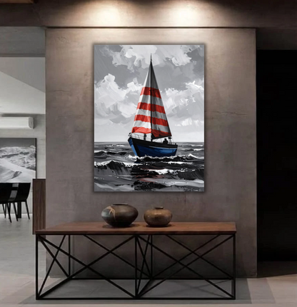 Nautical Sailboat Canvas Print - Red & White Striped Sail Ocean Wall Art, Red & Blue Accent Seascape Painting
