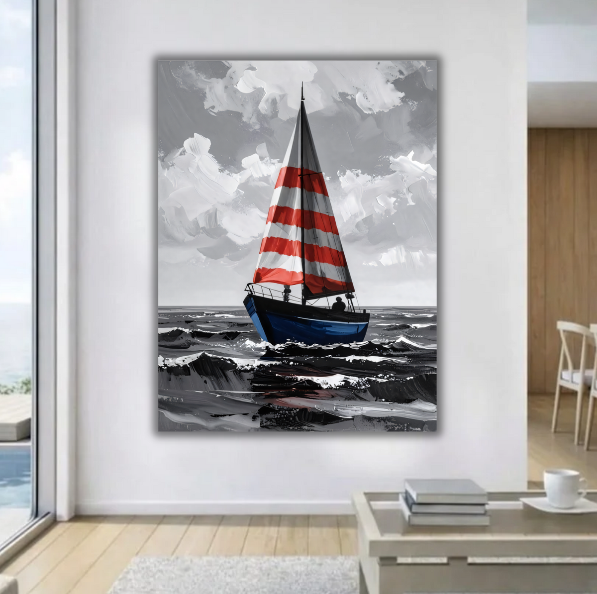 Nautical Sailboat Canvas Print - Red & White Striped Sail Ocean Wall Art, Red & Blue Accent Seascape Painting