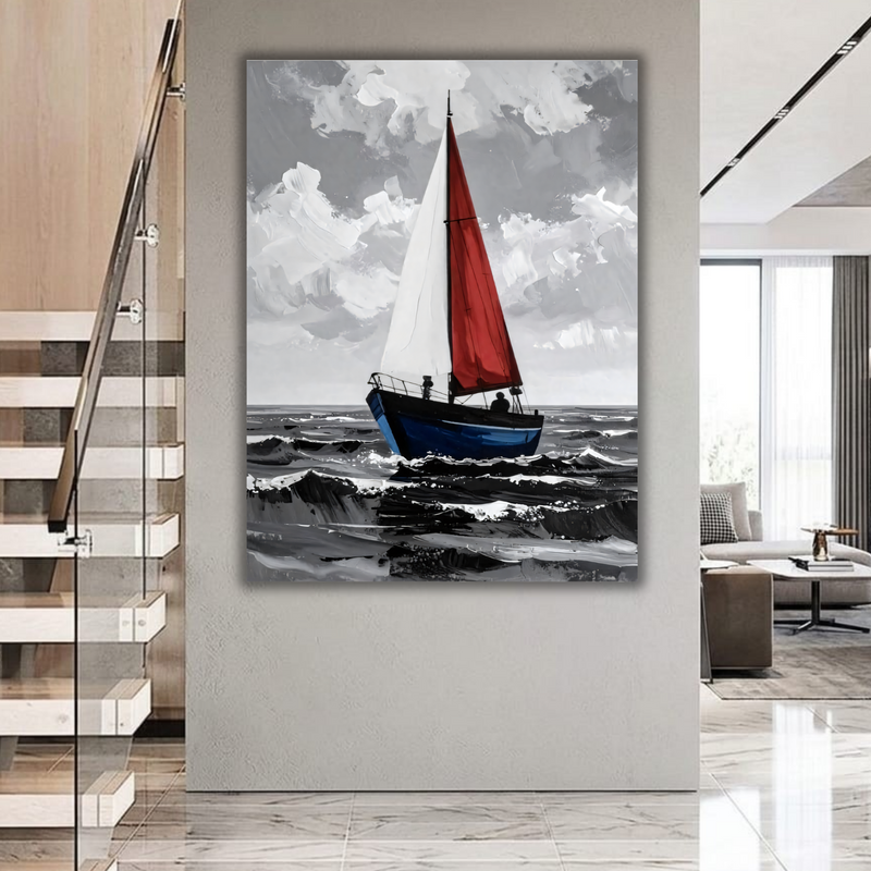 Modern Nautical Sailboat Canvas Print - Red & White Split Sail Ocean Wall Art, Navy Blue Boat Seascape Painting