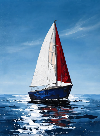 Modern Vibrant Blue Ocean Sailboat Canvas Print - Red & White Sail Seascape Painting Wall Art