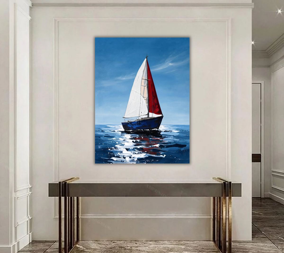 Modern Vibrant Blue Ocean Sailboat Canvas Print - Red & White Sail Seascape Painting Wall Art