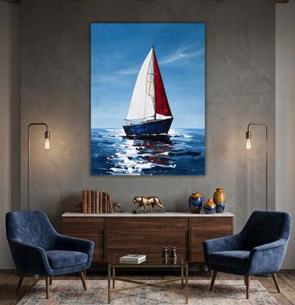 Modern Vibrant Blue Ocean Sailboat Canvas Print - Red & White Sail Seascape Painting Wall Art